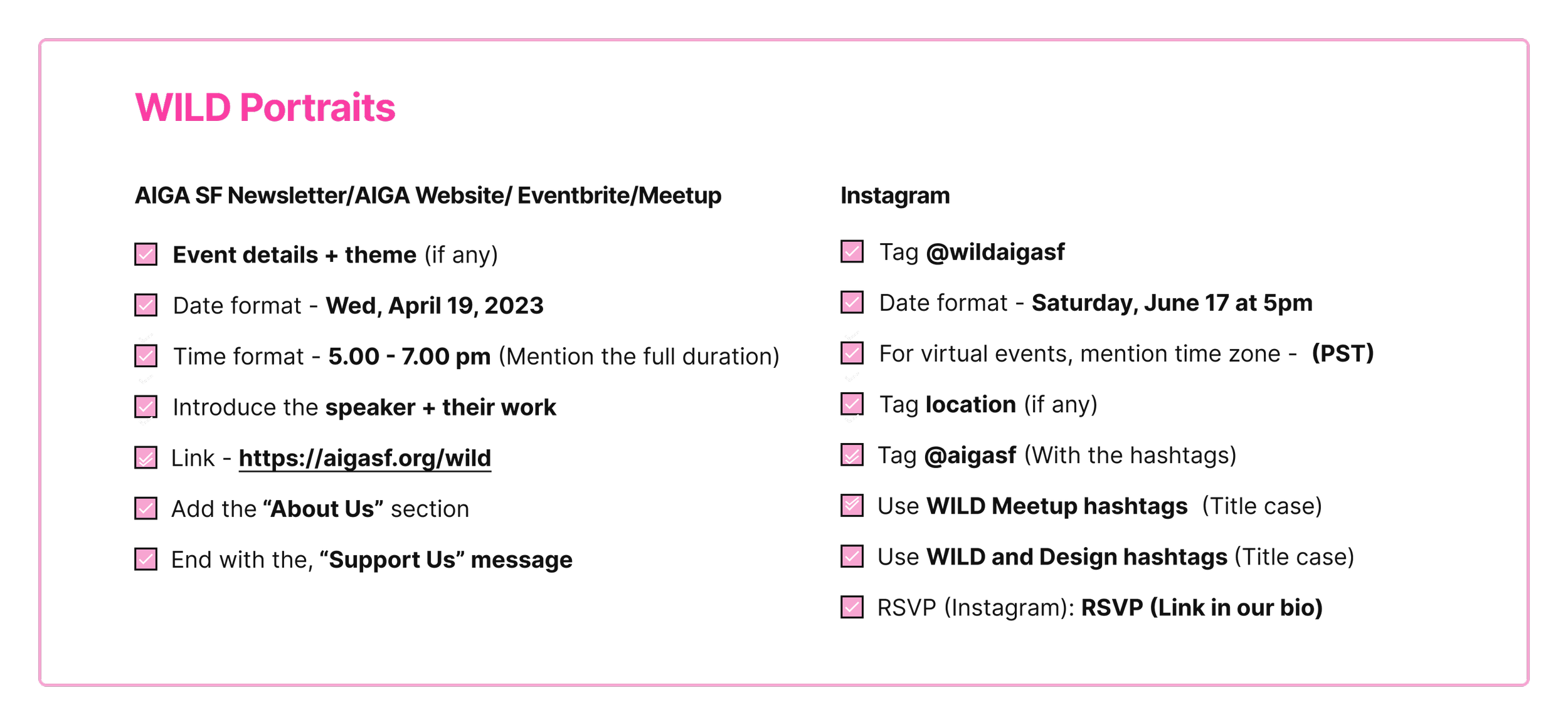 WILD Portraits event planning checklist with event specifics and hashtags