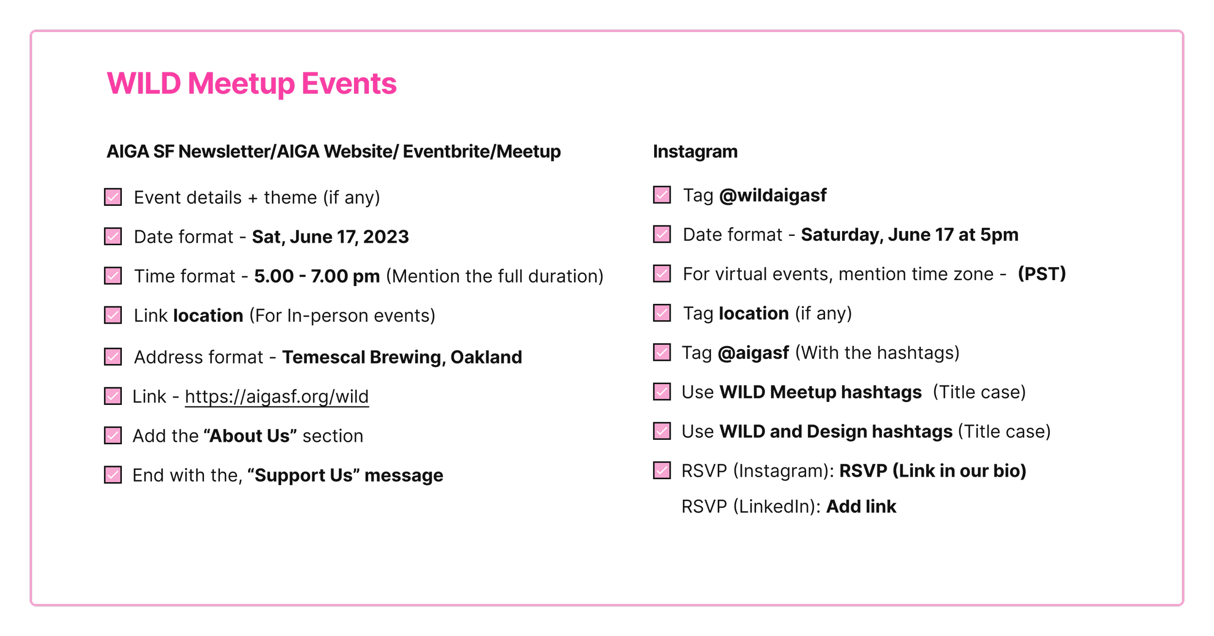 WILD Meetup Events checklist covering date, time, location, links, tags, hashtags, and social tags