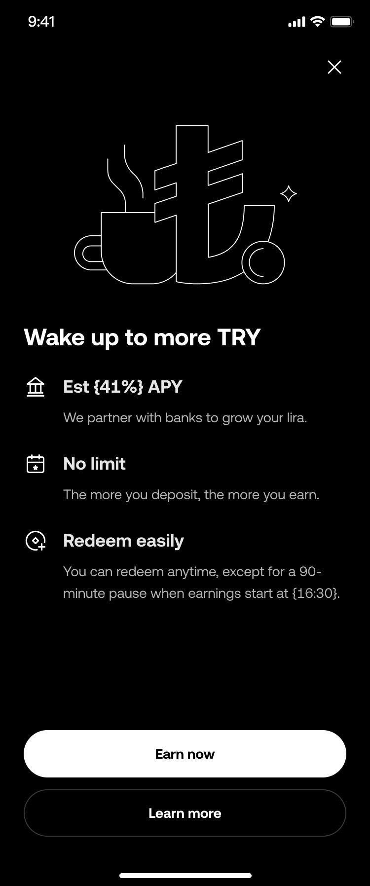 Lira Boost onboarding screen showing “Wake up to more TRY” value propositions