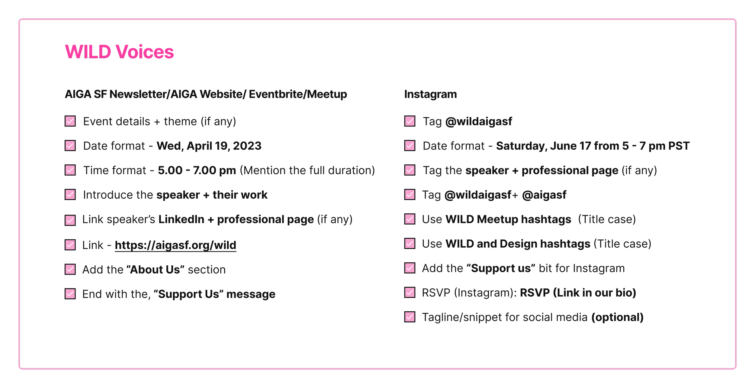 WILD Voices checklist of social media and event promotion tips