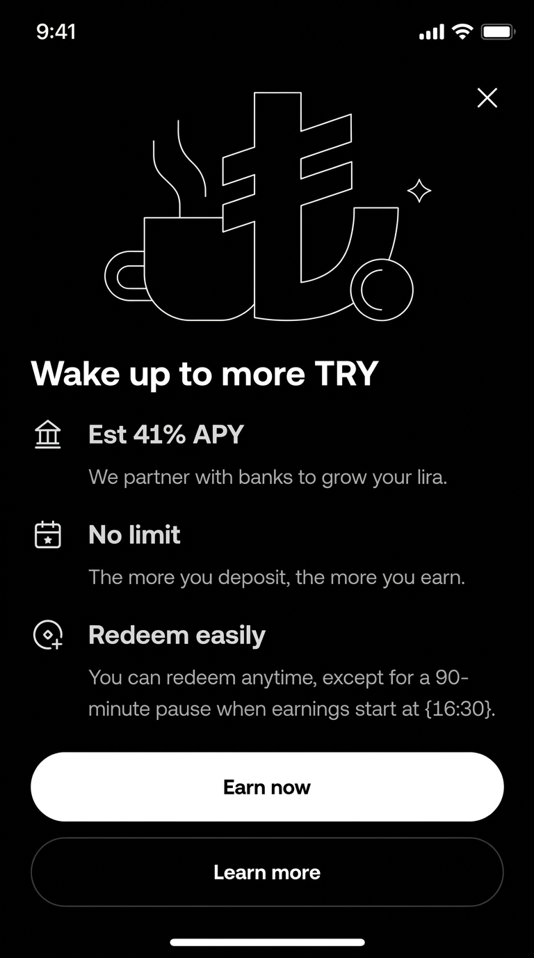 Lira Boost onboarding screen showing “Wake up to more TRY” value propositions